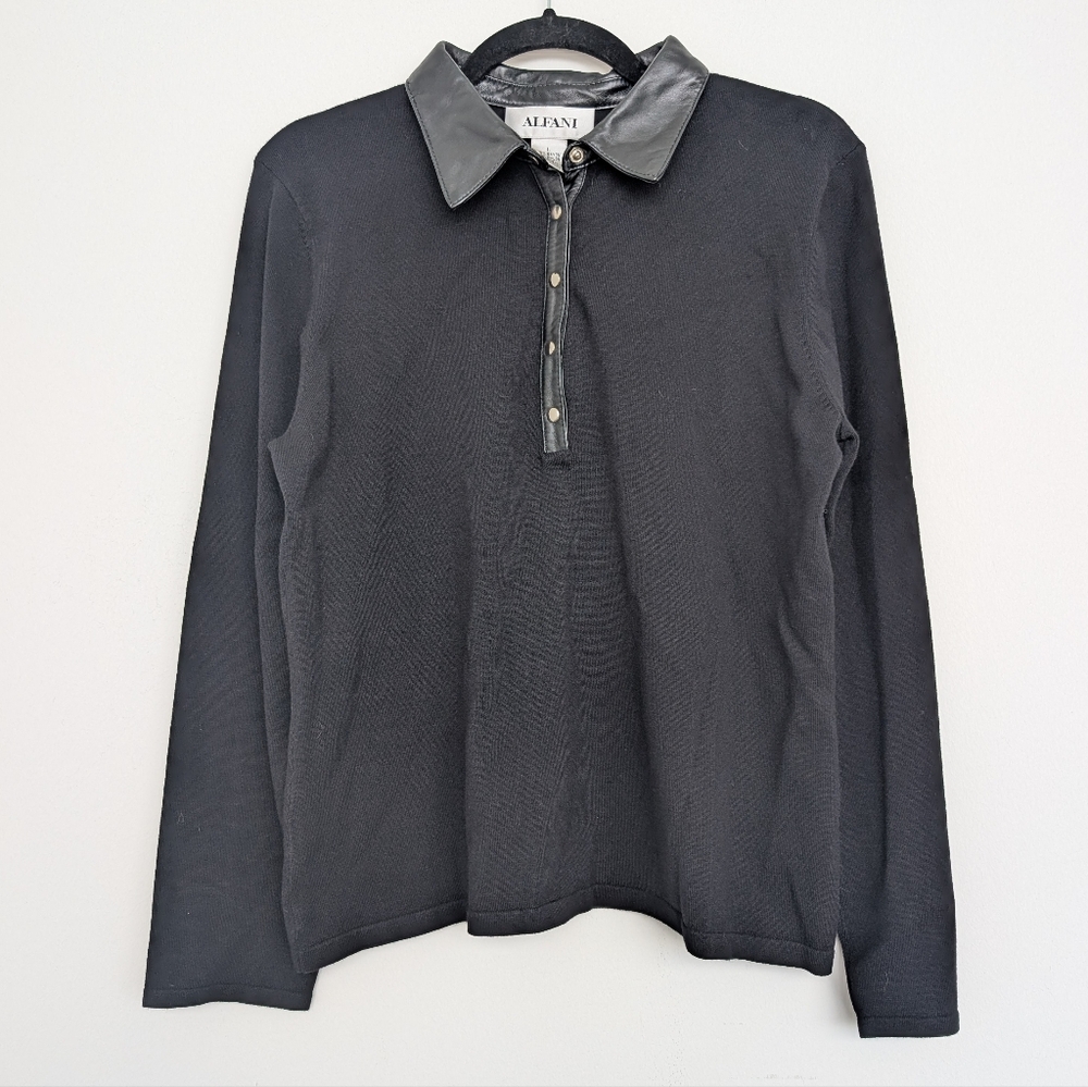 Vintage Leather Trim Alfani Black Long Sleeve Snap Button Polo Shirt Sz L